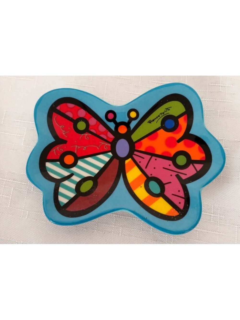 Brito ROMERO BRITTO Butterfly Ceramic Tea Bag Holder Dish Plate 2012 Colorful